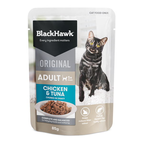 BLACK HAWK CAT WET ORIGINAL ADULT CHICKEN & TUNA IN GRAVY 85G 