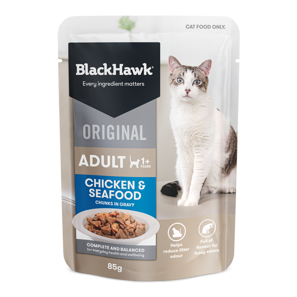 BLACK HAWK CAT WET ORIGINAL ADULT CHICKEN & SEAFOOD IN GRAVY 85G 