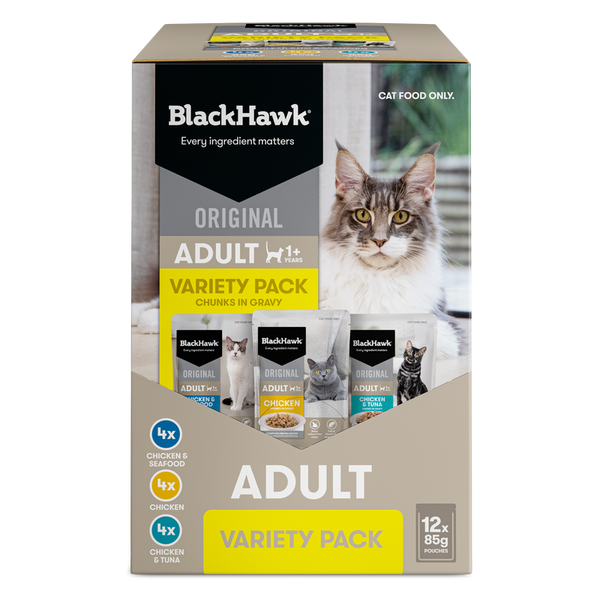 BLACK HAWK CAT WET ORIGINAL ADULT VARIETY PACK CHUNKS IN GRAVY 85G x 12