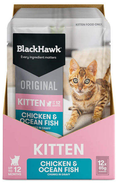 BLACK HAWK CAT WET ORIGINAL KITTEN CHICKEN & OCEAN FISH IN GRAVY 85G  x 12