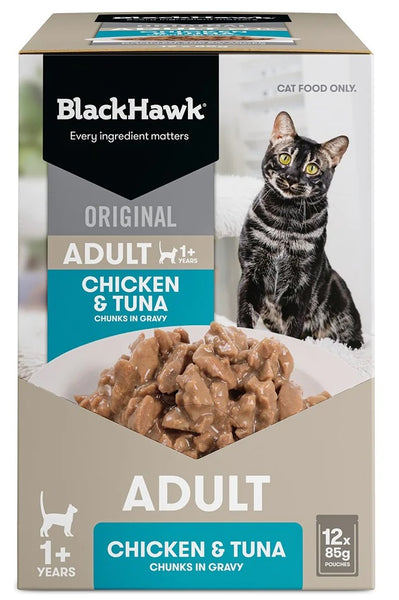 BLACK HAWK CAT WET ORIGINAL ADULT CHICKEN & TUNA IN GRAVY 85G x 12