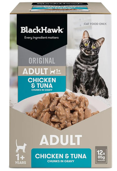 BLACK HAWK CAT WET ORIGINAL ADULT CHICKEN & SEAFOOD IN GRAVY 85G x 12 