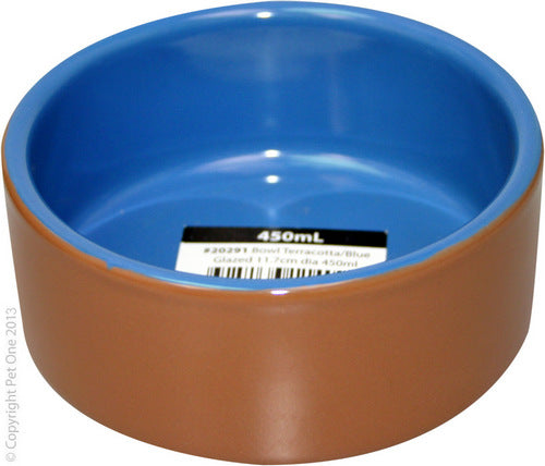 PET ONE BOWL TERRACOTTA/BLUE GLAZED 450ML