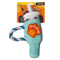CLEARANCE PET ONE DOG TOY PLUSH BLUE BOTTLE WITH STRAW 15 X 28CM