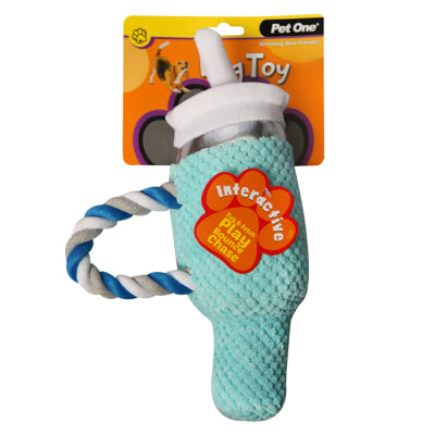 CLEARANCE PET ONE DOG TOY PLUSH BLUE BOTTLE WITH STRAW 15 X 28CM