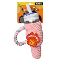 CLEARANCE PET ONE DOG TOY PLUSH PINK BOTTLE WITH STRAW 15 X 28CM
