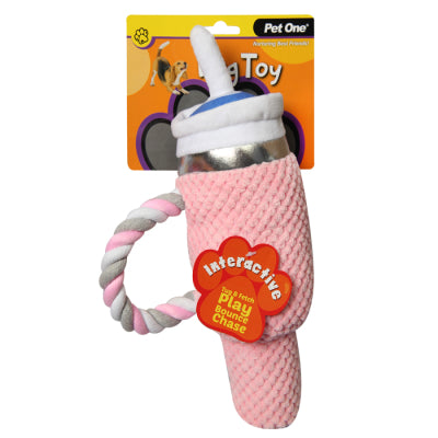 CLEARANCE PET ONE DOG TOY PLUSH PINK BOTTLE WITH STRAW 15 X 28CM