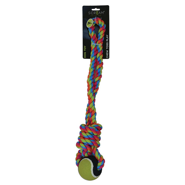 SCREAM DOG TOY ROPE TUG W/TENNIS BALL 50CM