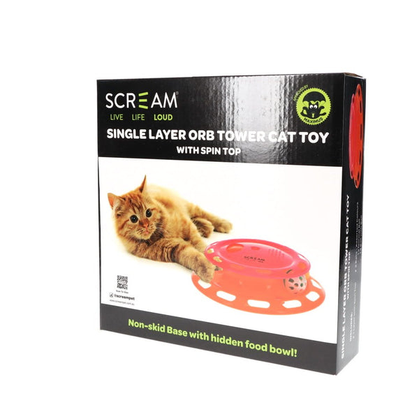 SCREAM CAT TOY SINGLE LAYER ORB TOWER WITH SPIN TOP 24 x 24 x 6CM [COLOUR:PINK/ORANGE]