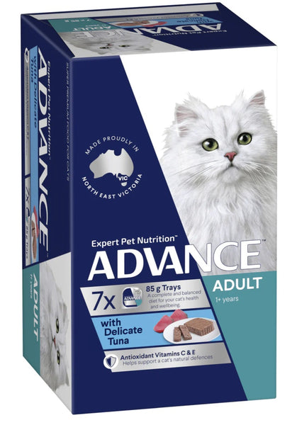 PACK OF ADVANCE CAT WET SINGLE TRAY ADULT DELICATE TUNA 7X85G 