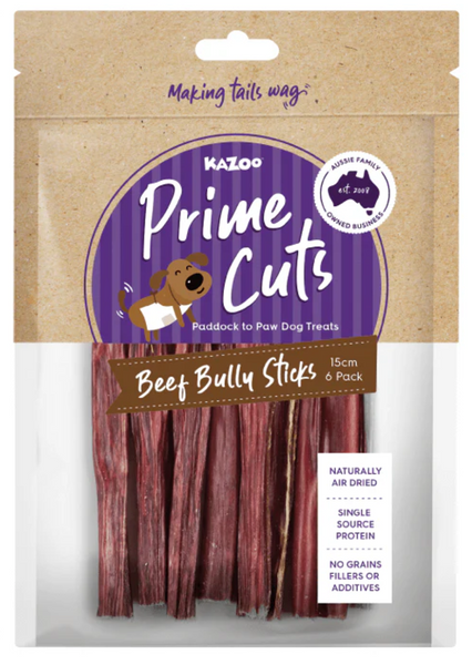 KAZOO PRIME CUTS BEEF BULLY STICKS 15CM 6 PACK